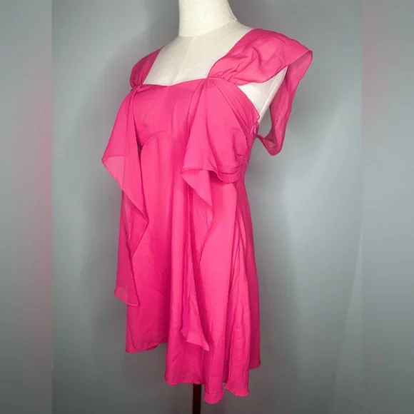 NWT Revolve MORE TO COME Makaela Neon Hot Pink Ruffle Mini Dress Size S Fringe - Picture 5 of 7